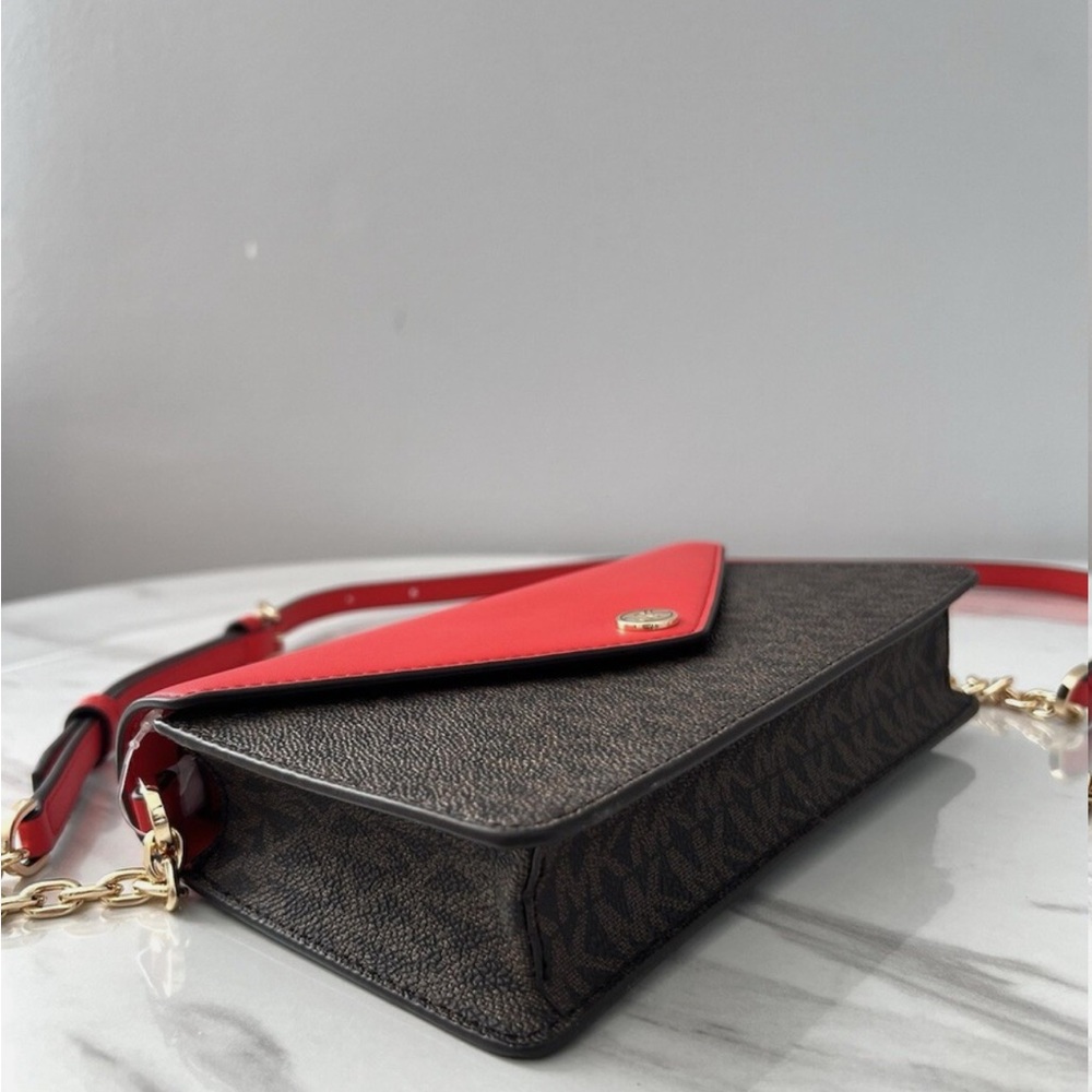 Michael Kors Jet Set Travel Small Flap Clutch Crossbody Bag (brown + red) - Picture 11 of 12